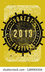 Forest Festival 2019 linear geometric pattern typographical vintage grunge style poster. Retro vector illustration.