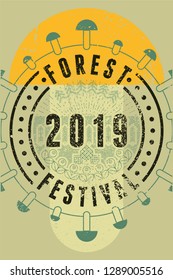 Forest Festival 2019 linear geometric pattern typographical vintage grunge style poster. Retro vector illustration.