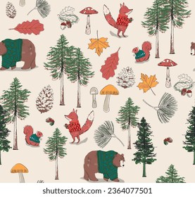 Forest Festivities bear winter holiday oak acron tree mushroom fox animal squirrel Print seamless pattern vector graphic artwork