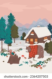 Forest Festivities bear winter holiday oak acorn tree mushroom fox animal squirrel Print seamless pattern vector graphic artwork