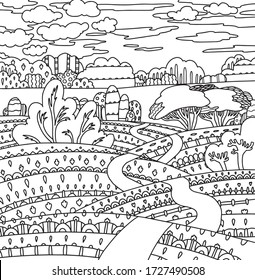 forest field fields ornate cute lined doodle coloring book page black and white background