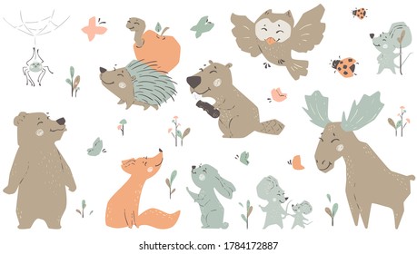 Forest fiends baby cute print. Moose, hedgehog, bunny, beaver, owl, bear, fox. Sweet cool animal illustration for nursery, t-shirt, kids apparel, birthday invitation. Good for pajamas, playroom decor