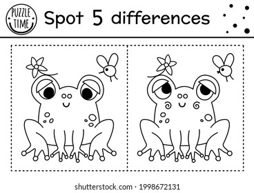 Forest find differences game for children. Black and white educational activity and coloring page with frog and fly. Spring garden, summer camp or woodland printable worksheet with cute animal. 
