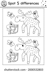 Forest find differences game for children. Black and white educational activity and coloring page with moose and birds. Summer camp or woodland printable worksheet with cute animals. 
