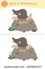 Forest find differences game for children. Preschool activity with mole. Puzzle with cute garden animal. Woodland printable worksheet. Wild nature themed attention skill quiz
