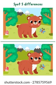 Forest find differences game for children with bear on meadow, trees, butterfly. Woodland educational activity with animal. Puzzle for kids with cute scene, landscape. Printable worksheet, page

