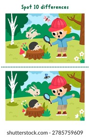 Forest find differences game for children with boy looking on hedgehog on tree stump. Woodland educational activity with animal. Puzzle for kids with cute scene. Printable worksheet, page
