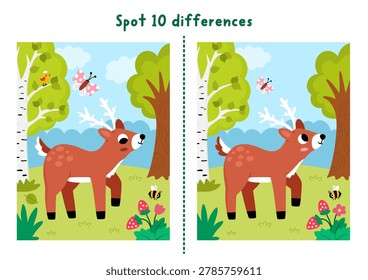 Forest find differences game for children with deer on meadow, trees, butterfly. Woodland educational activity with animal. Puzzle for kids with cute scene, landscape. Printable worksheet, page
