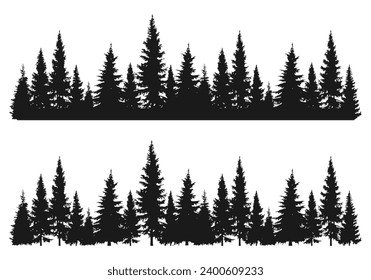 Forest fir tree silhouette. Coniferous landscape with pine or spruce trees. Wildlife horizontal panorama. Vector illustration.