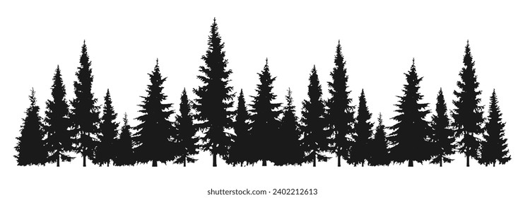 Forest fir tree silhouette. Coniferous landscape with pine or spruce trees. Wildlife horizontal panorama. Vector illustration.