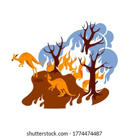 Forest fire 2D vector web banner, poster. Climate change. Natural disaster. Burning woods flat scenery on cartoon background. Australian wildfire printable patch, colorful web element