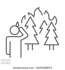 Forest Fire Anxiety Icon. Outline Style Editable Stroke. Person Reacting to Burning Trees. Climate Change Symbol. Environmental Crisis Illustration.