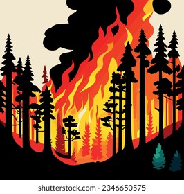 Forest fire background. Fire in the forest. Forest fire in the forest. The concept of natural disaster. Vector illustration.