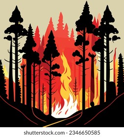 Forest fire background. Fire in the forest. Forest fire in the forest. The concept of natural disaster. Vector illustration.