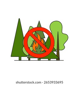 Prohibición de incendios forestales. No hay símbolo de fogata. Vector de protección de la Naturaleza. Señal de advertencia ecológica.