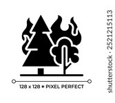 Forest fire black glyph icon. Wildfire. Burning trees and flames. Nature disaster. Deforestation. Forest destruction. Silhouette symbol on white space. Solid pictogram. Vector isolated illustration