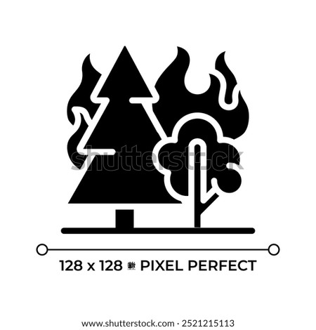 Forest fire black glyph icon. Wildfire. Burning trees and flames. Nature disaster. Deforestation. Forest destruction. Silhouette symbol on white space. Solid pictogram. Vector isolated illustration