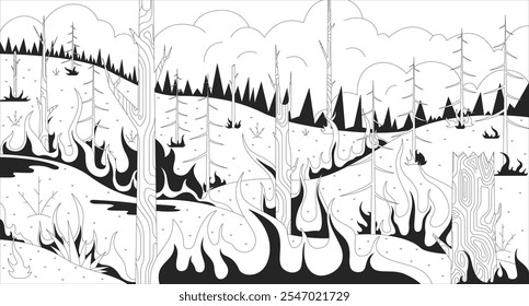 Forest fire black and white line illustration. Danger of climate crisis. Burning trees and smoke at wild woodland 2D landscape monochrome backdrop. Environment damage by global warming outline vector