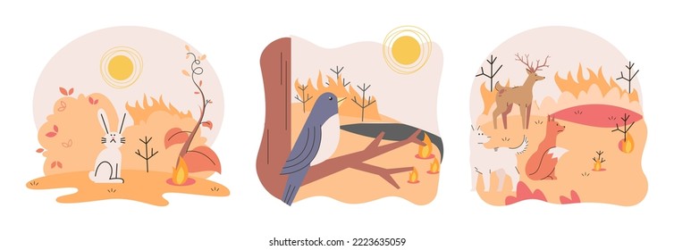 Forest in fire. Burning forest spruces in fire flames with animals, nature disaster concept illustration background, poster danger, careful with fires in the woods. Animals try escaping from the fire