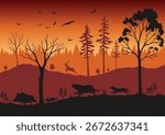 Forest fire. Burning spruces and oak trees, wood plants in flame. Forest fires in Amazon and Australia with silhouettes of wild animals
