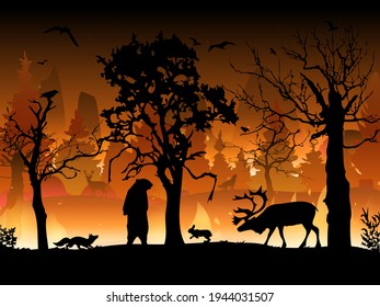 Forest fire. Burning spruces and oak trees, wood plants in flame. Forest fires with silhouettes of wild animals.