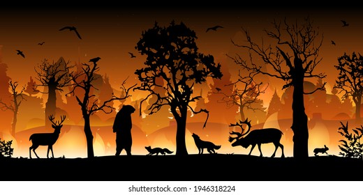 Forest fire. Burning spruces and oak trees, wood plants in flame and smoke. Forest fires in Amazon and Australia with silhouettes of wild animals.