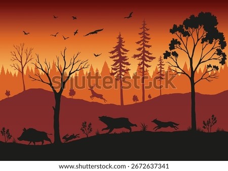 Forest fire. Burning spruces and oak trees, wood plants in flame. Forest fires in Amazon and Australia with silhouettes of wild animals