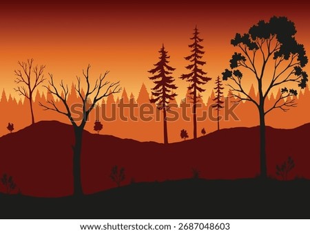 Forest fire. Burning spruces and oak trees, wood plants in flame. Forest fires in Amazon and Australia
