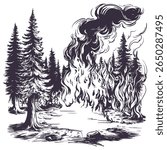 forest fire, burning forest, take care of nature, hand drawn vector illustration realistic sketch