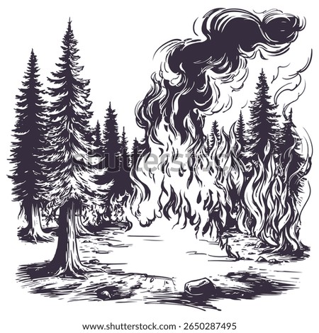 forest fire, burning forest, take care of nature, hand drawn vector illustration realistic sketch