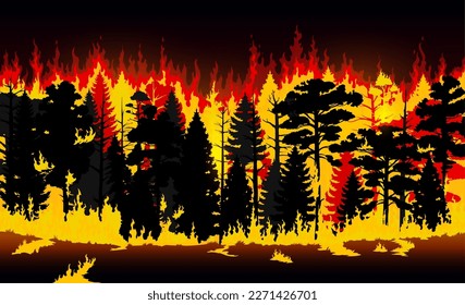 Forest fire, burning trees and grass. Vector wildfire, cartoon natural disaster of flaming trees, plants and bushes with smoke clouds and fire flames. Wildfire background, forest fire nature landscape