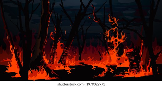 Forest fire, burning trees at night wood. Vector wildfire burnt landscape, nature disaster, ecology catastrophe. Red flame on grass and black tree trunks or branches in forest, environment destruction