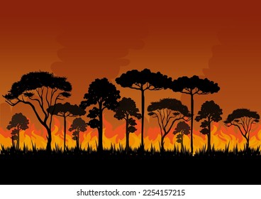 A forest fire and burning trees on orange silhouette background, vector illustration.