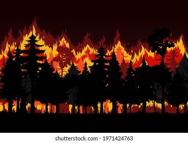 Forest fire with burning trees and smoke vector design of save environment and wild natural disaster. Wildfire or bushfire nature background of wood landscape with trees, red fire flames and sparkles