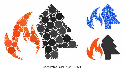 Forest fire composition for forest fire icon of small circles in various sizes and color tones. Vector small circles are united into blue mosaic. Dotted forest fire icon in usual and blue versions.