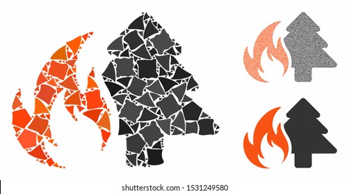 Forest fire composition of rough parts in various sizes and color hues, based on forest fire icon. Vector rough dots are composed into illustration. Forest fire icons collage with dotted pattern.