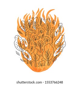 Forest fire concept. Wildfire sign isolated on white background. Vector color illustartion.