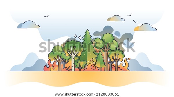Forest fire disaster event with wild wood burning\
tragedy outline concept. Dangerous nature emergency with hot heat,\
smoke and flames vector illustration. Wildfire problem and\
ecological crisis\
scene.