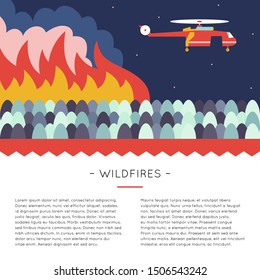 Forest fire. Emergency scene with helicopter over the wildfire. Design template with illustration and place for text. Web and print layout. 