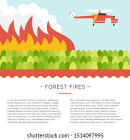 Forest fire. Emergency scene with helicopter over the wildfire. Design template with illustration and place for text. Web and print layout. 