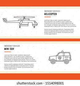 Forest fire. Emergency vehicles. Design templates with linear icons and text. Helicopter and SUV.