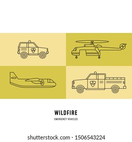 Forest fire. Emergency vehicles. Helicopter, SUV, pickup truck, airplane. Clipart illustration set.