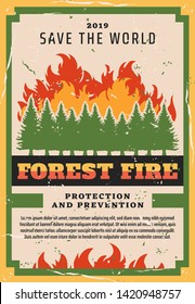 Lucha contra incendios forestales, protección de la naturaleza, advertencia social vintage afiche de grunge. Desastre natural vectorial y prevención de incendios forestales en bosques, extinción de incendios en todo el mundo