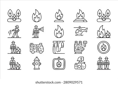 Forest Fire and Firefighter Rescue Line Icons for Emergency Services