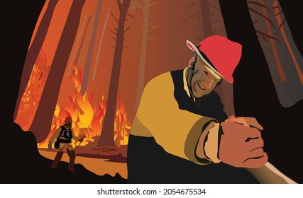 Forest fire and a firefighter surrounding blaze disaster. Fireman on duty to stop blaze fire. Climate change effect to nature