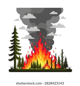 Forest fire with flames and thick smoke clouds wildfire disaster environment