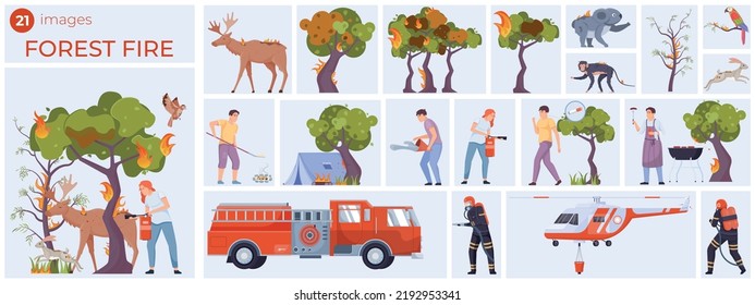 Forest fire flat composition burned skin of animals burning trees fire trucks and firefighters forest visitors vector illustration