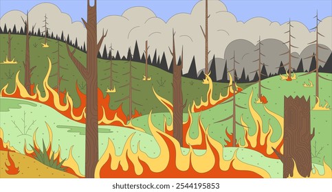 Ilustración plana de incendio forestal. Peligro de crisis climática. Árboles en llamas y humo en el fondo de dibujos animados de paisajes en 2D de bosques salvajes. Daño ambiental causado por el calentamiento global Escena de Imagen de Vector