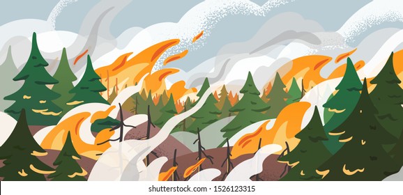 Forest fire flat vector illustration. Dangerous wildfire in Siberian taiga. Burning Russian woodland. Global warming, natural disaster. Fir trees in flame and smoke in air. Dry woods, pines in fire.