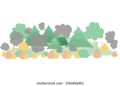 Forest fire flat vector illustration. Dangerous wildfire in taiga. Burning  woodland. Global warming, natural disaster. Fir trees in flame and smoke in air. Dry woods, pines in fire.
